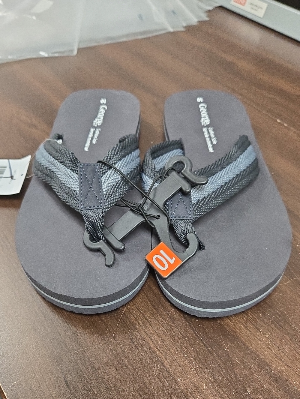 George Size 10 Black and Grey Striped Thong Style Flip Flop Sandal